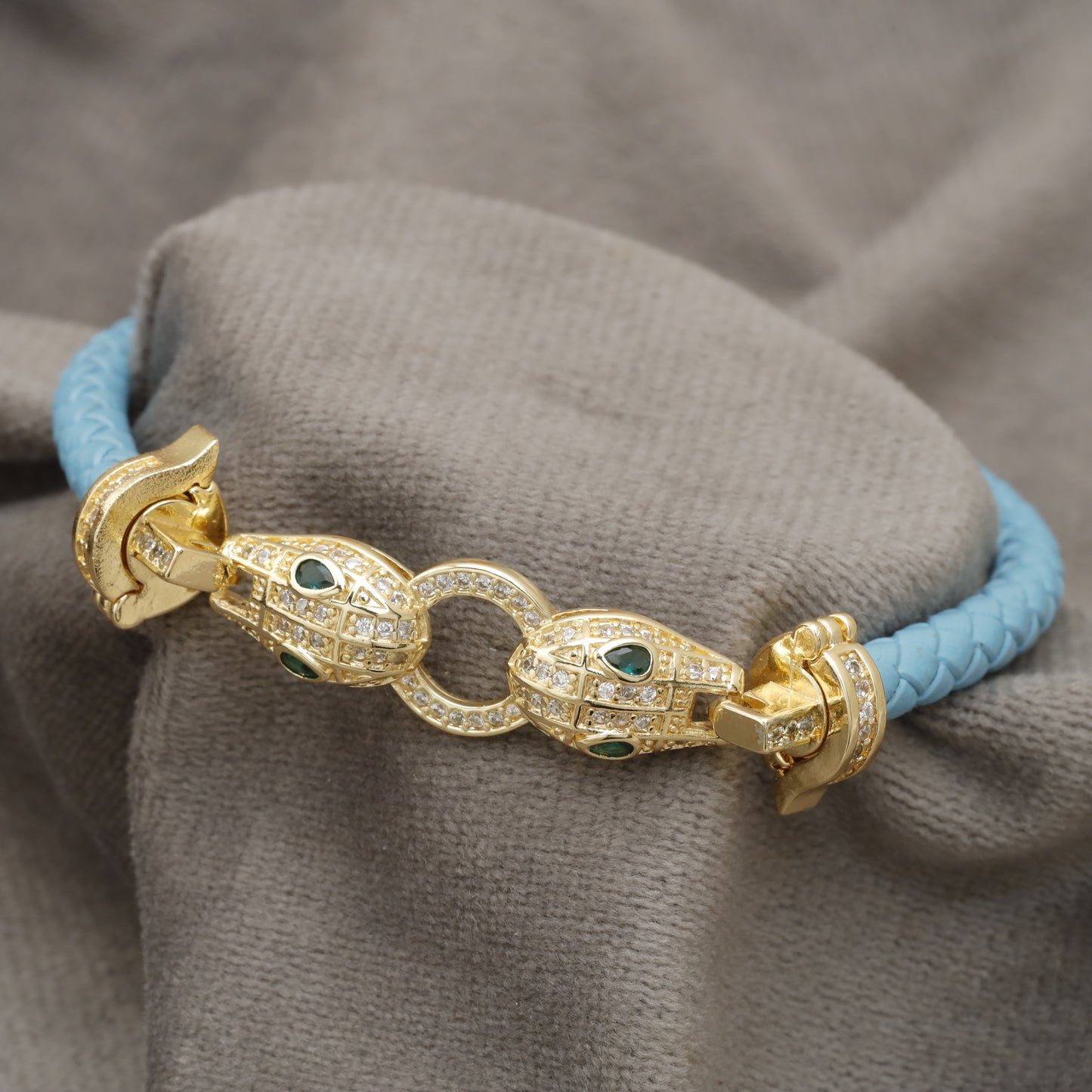 Light Blue Braided Leather Bracelet – Gold Double Panther Head & Emerald Eye Crystal Ring Clasp | KAR77