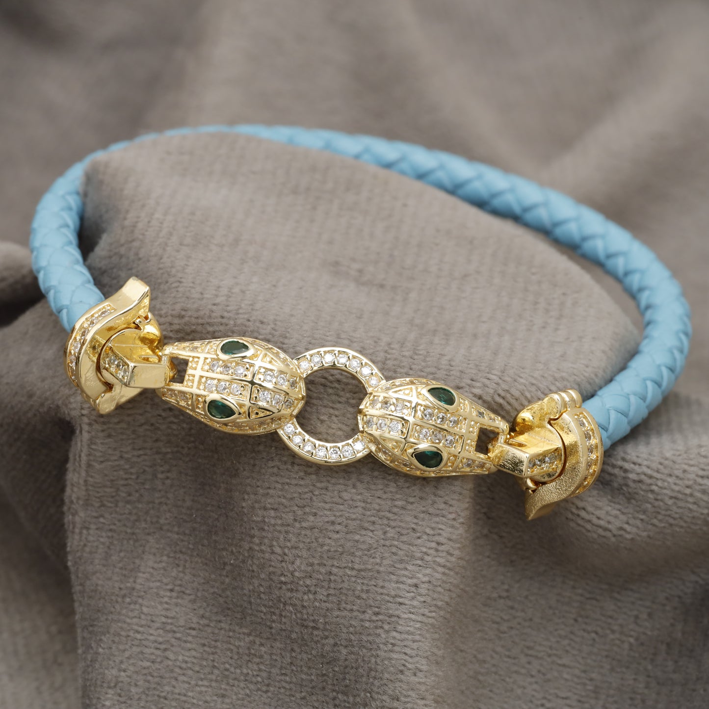 Light Blue Braided Leather Bracelet – Gold Double Panther Head & Emerald Eye Crystal Ring Clasp | KAR77