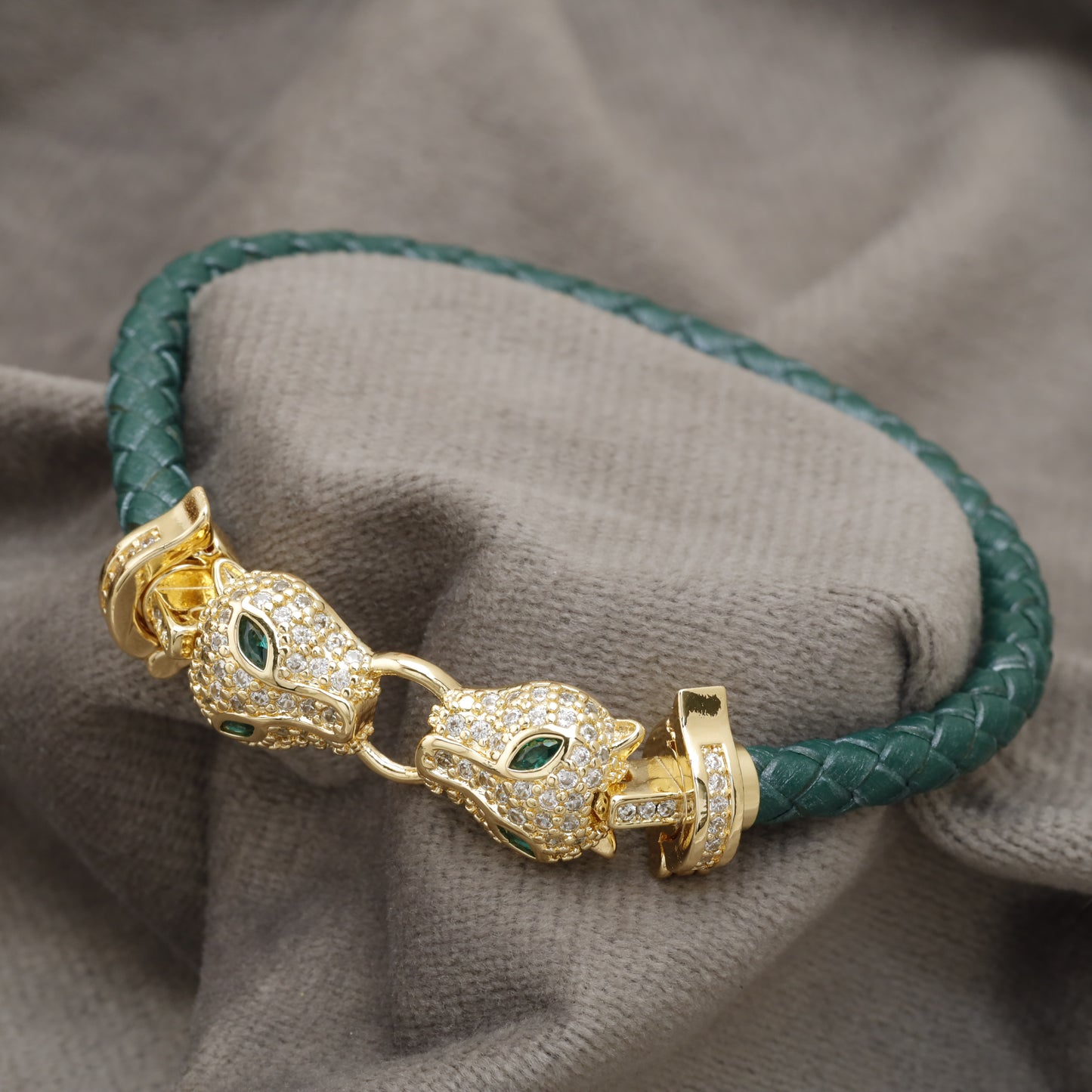 Teal Braided Leather Bracelet Gold Double Panther Head Emerald Eye KAR79 – view 1