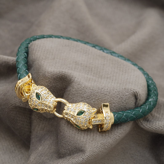 Teal Braided Leather Bracelet Gold Double Panther Head Emerald Eye KAR79 – view 1