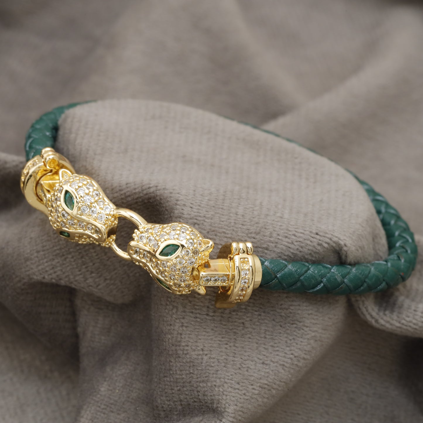 Teal Braided Leather Bracelet Gold Double Panther Head Emerald Eye KAR79 – view 2