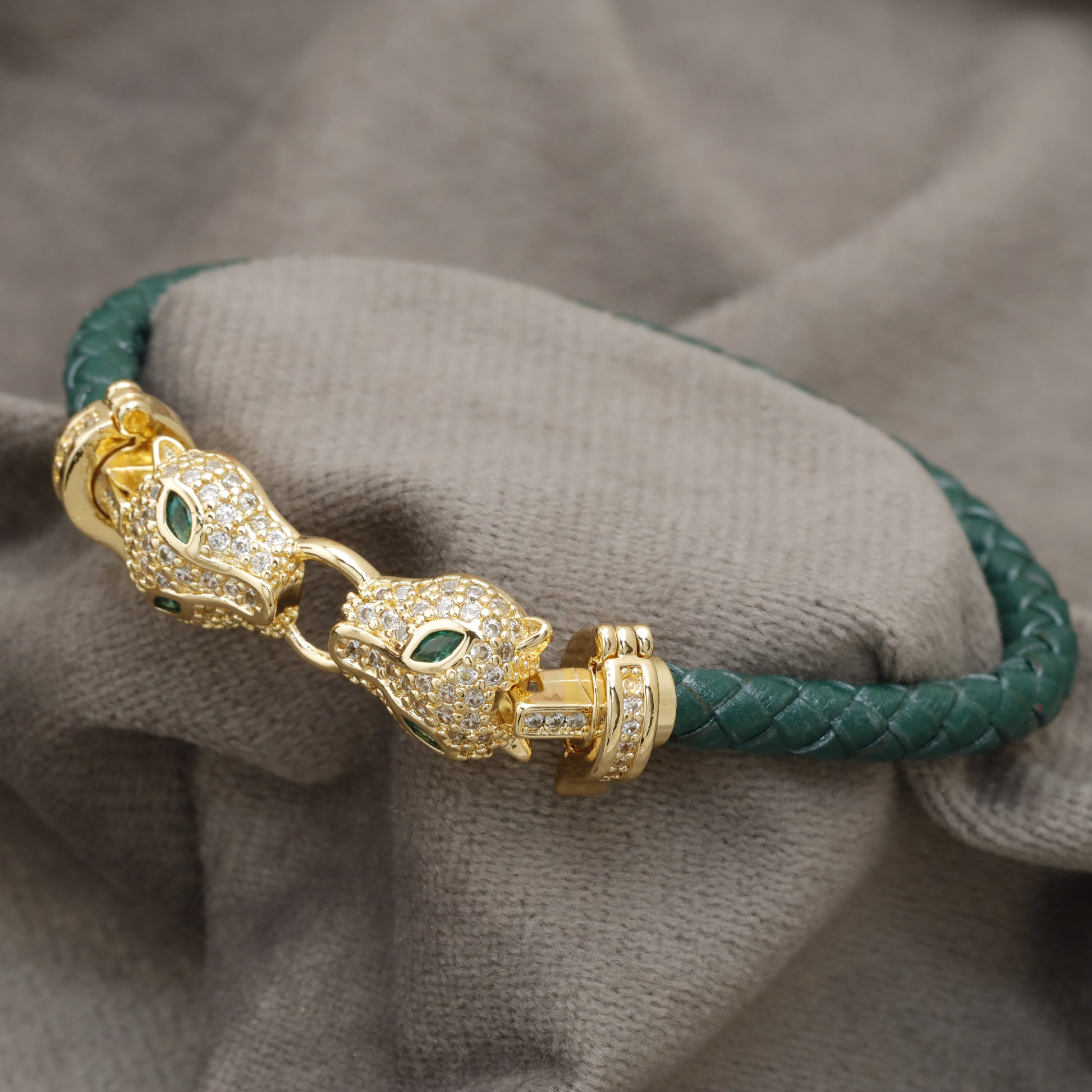 Teal Braided Leather Bracelet Gold Double Panther Head Emerald Eye KAR79 – view 2