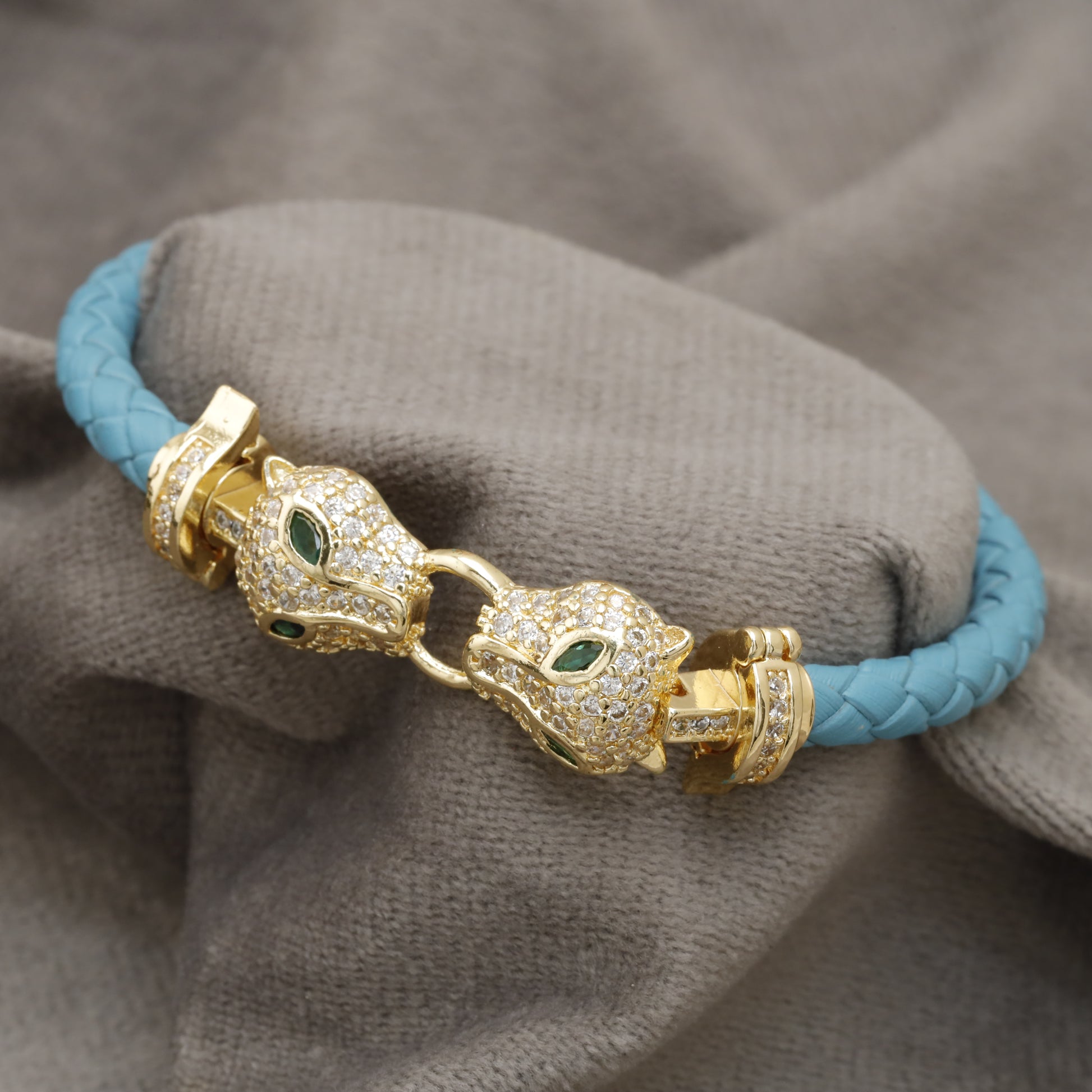 Turquoise Braided Leather Bracelet Gold Double Panther Head Emerald Eye KAR80 – إسوارة جلد تركواز فهد