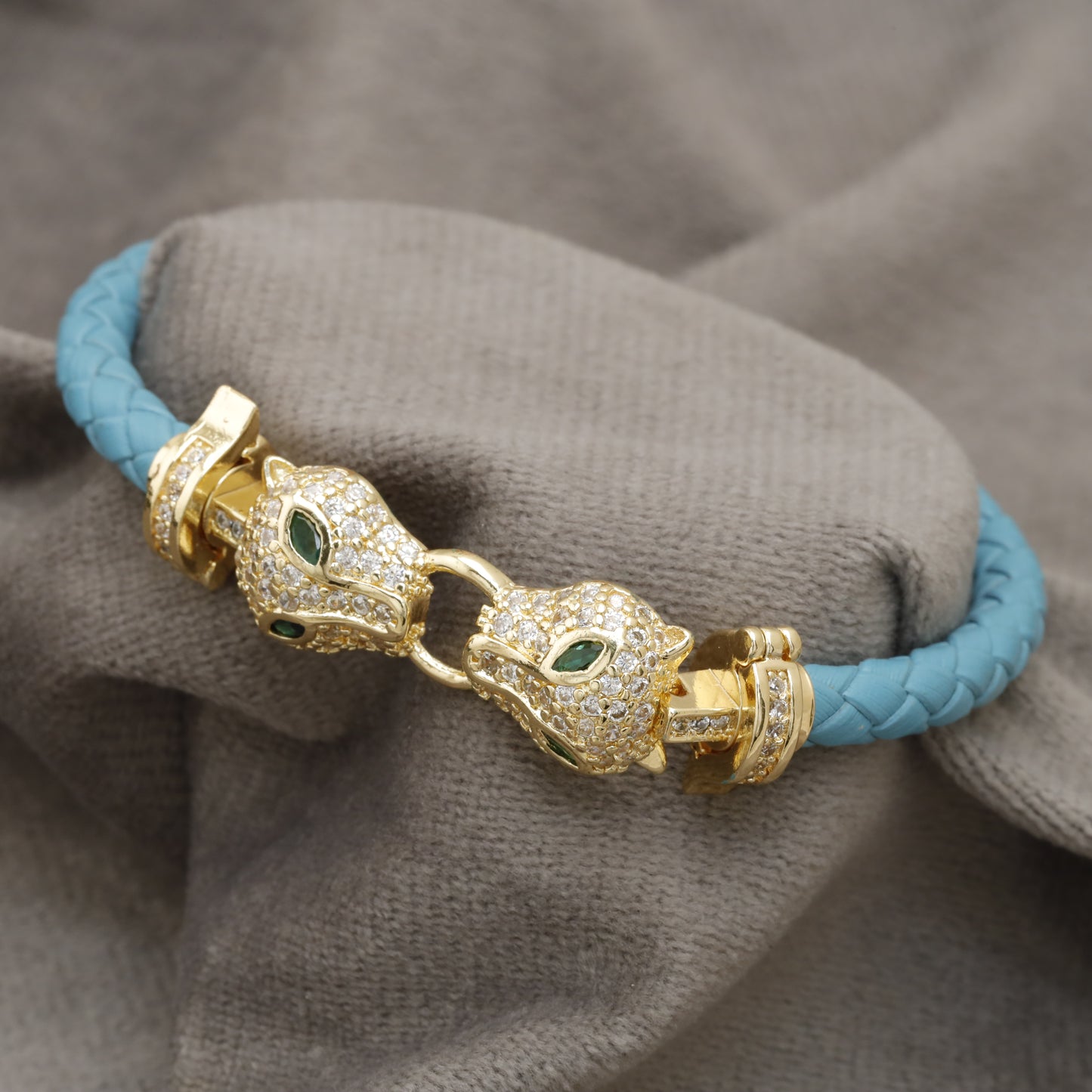 Light Blue Braided Leather Bracelet – Gold Double Panther Head & Emerald Eye Crystal Ring Clasp | KAR77