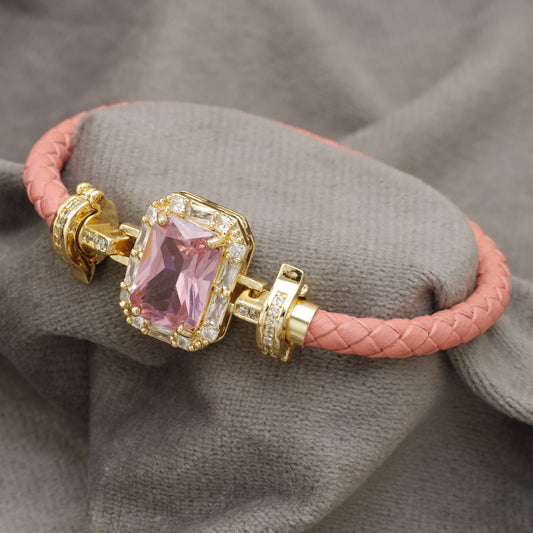 Pink Braided Leather Bracelet Gold Large Pink Crystal Rectangle Clasp KAR81 – إسوارة جلد وردي حجر