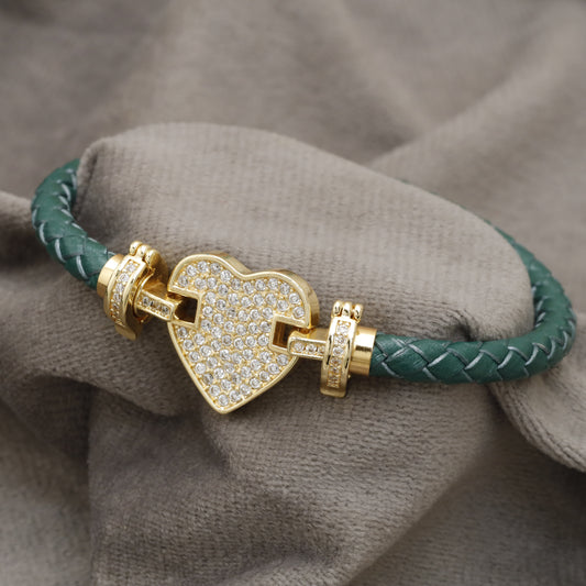Teal Braided Leather Bracelet Gold Crystal Heart Lock Clasp KAR82 – إسوارة جلد تيل قلب