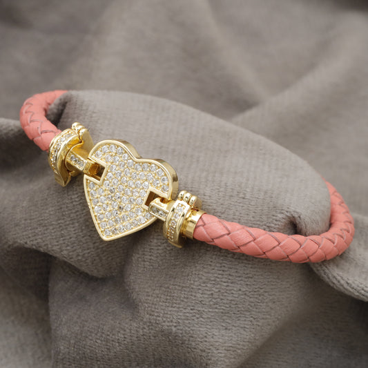 Pink Braided Leather Bracelet Gold Crystal Heart Lock Clasp KAR83 – إسوارة جلد وردي قلب