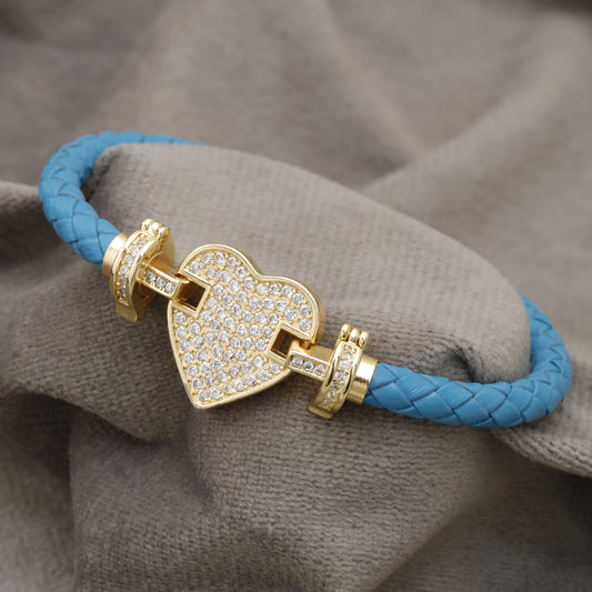 Turquoise Braided Leather Bracelet Gold Crystal Heart Lock Clasp KAR84 – إسوارة جلد تركواز قلب