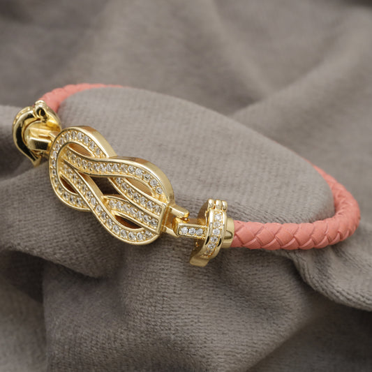 Pink Braided Leather Bracelet Gold Crystal Infinity Knot Clasp KAR86 – إسوارة جلد وردي عقدة
