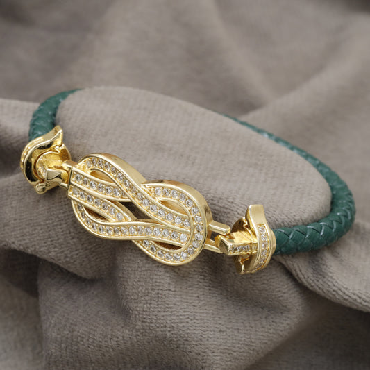 Teal Braided Leather Bracelet – Gold Crystal Infinity Knot Statement Clasp | KAR78