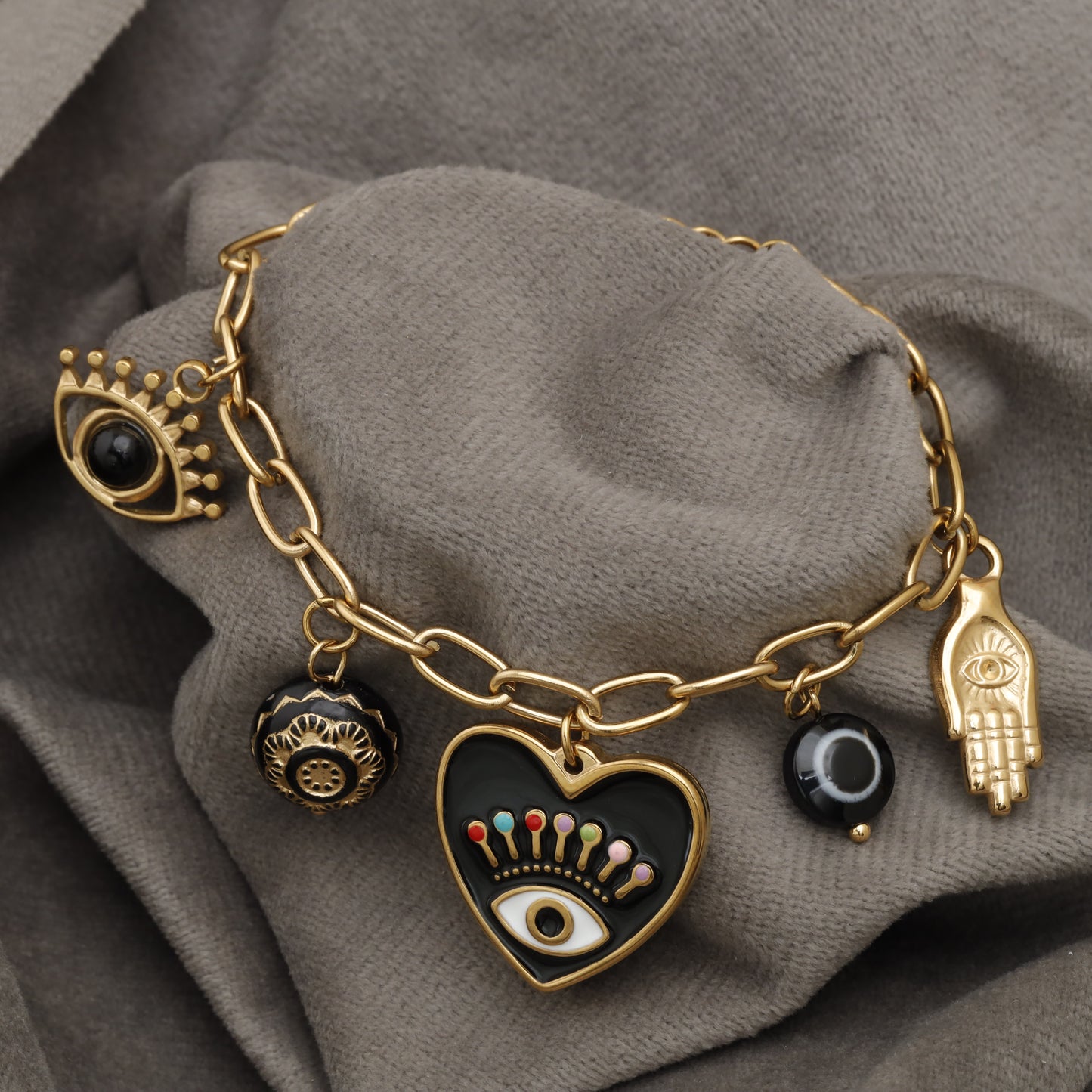 Grey Evil Eye Heart Charm Bracelet – KAR96
