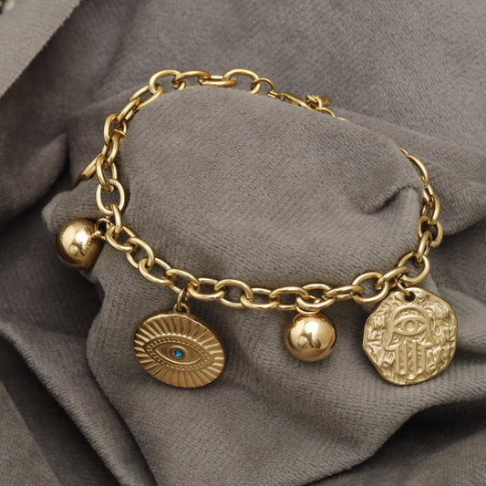 Gold Evil Eye and Hamsa Medallion Bracelet - KAR98