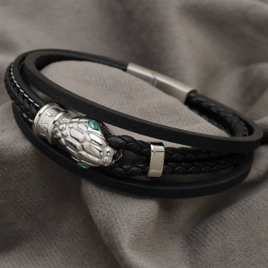 Black Multi-Layer Leather Bracelet with Silver Panther Head & Teal Crystals B82