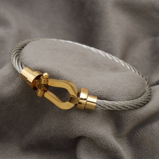 Silver Steel Cable Bracelet with Gold Horseshoe Clasp B56