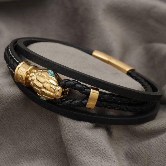 Gold Snake Head Multi-Layer Black Leather Bracelet B53