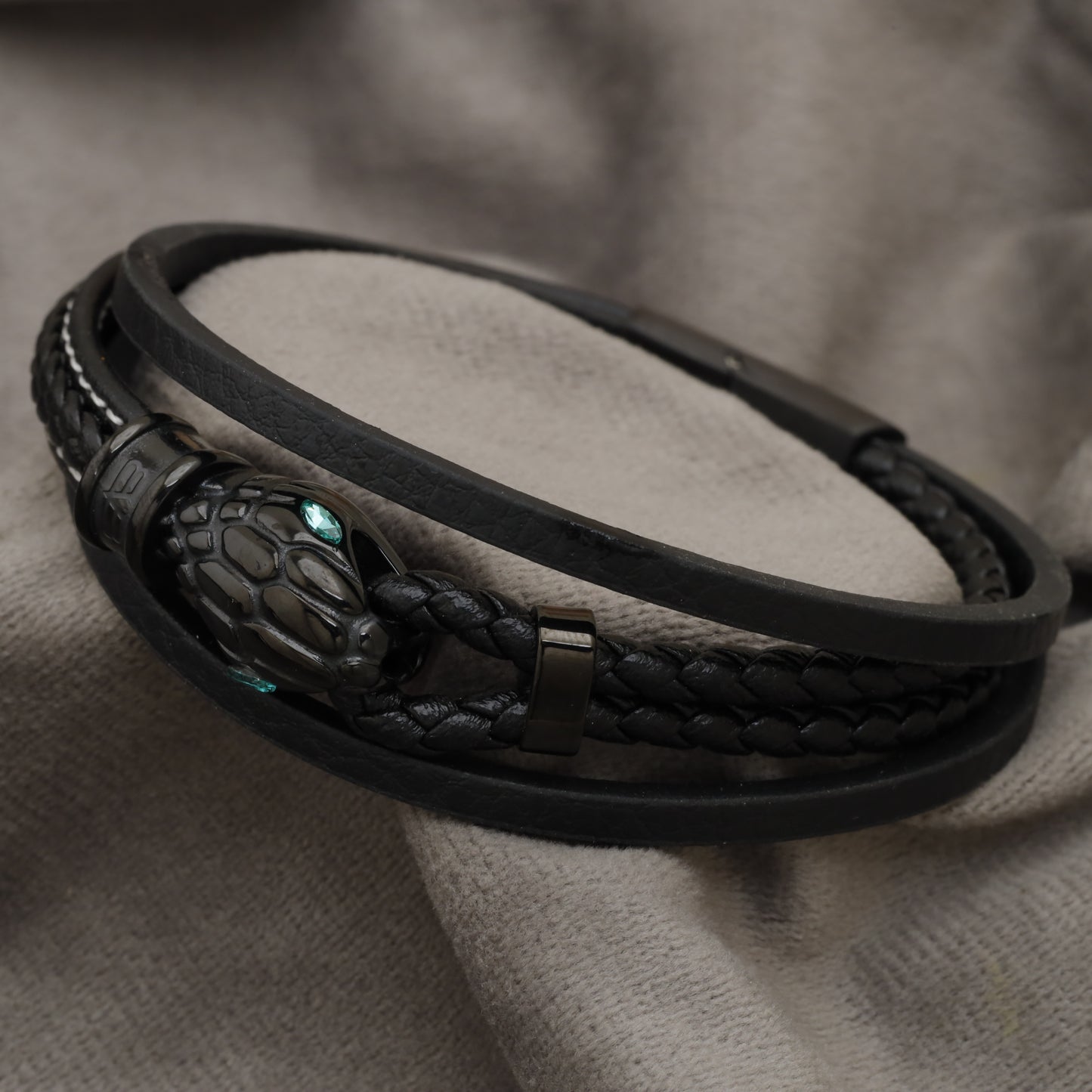 Black Natural Leather & Stainless Steel Bracelet B33