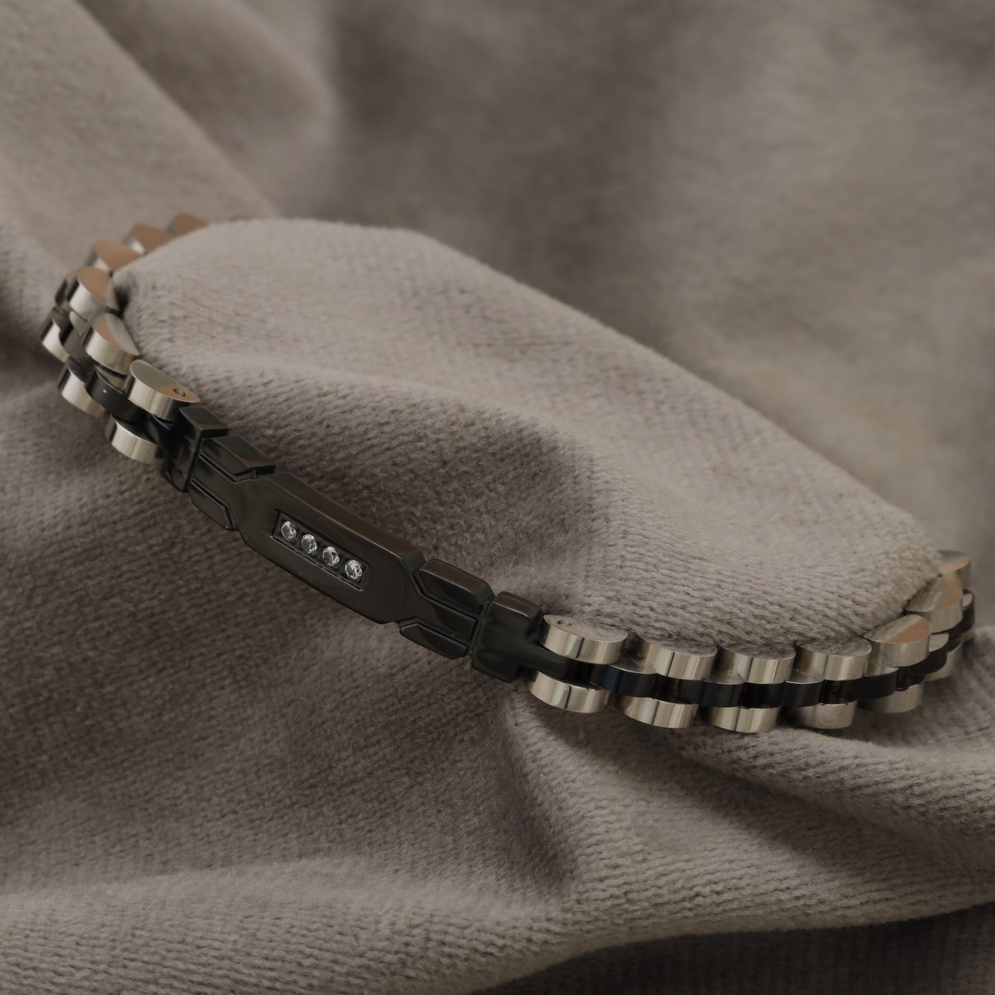 Two-Tone Black & Silver Stainless Steel Link Bracelet with Crystal Stones B6