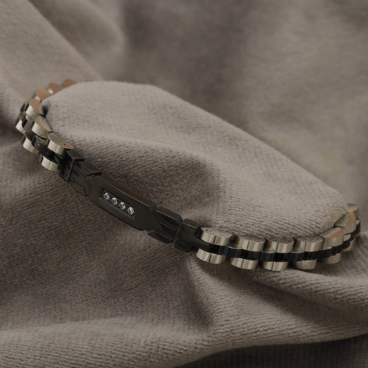 Two-Tone Black & Silver Stainless Steel Link Bracelet with Crystal Stones B6
