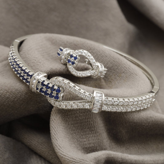 KAR131 – Luxury Silver Crystal & Sapphire Knot Jewelry Set – Bracelet & Ring