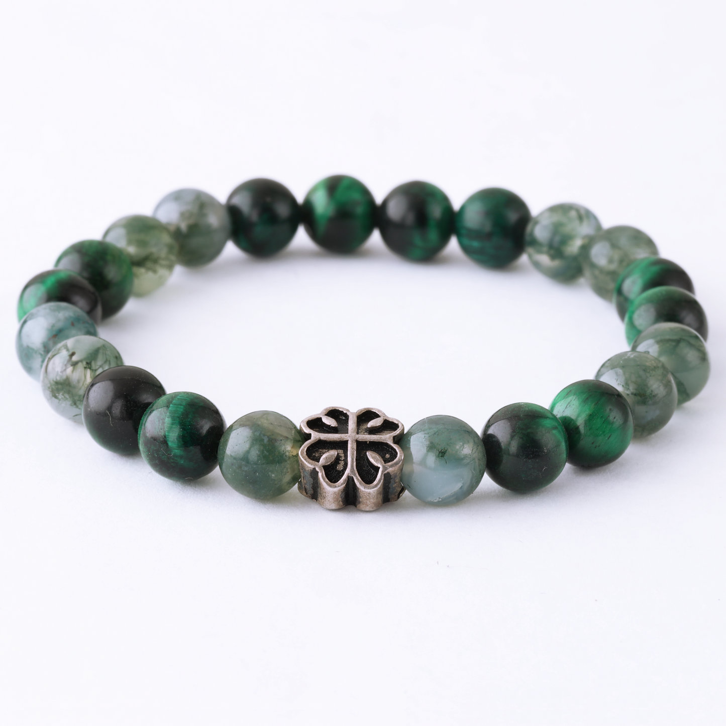 Natural Moss Agate Gemstone & Natural Green Tiger Eye Gemstone with Lucky four-leaf clover 925 Sterling Silver Toy LU196