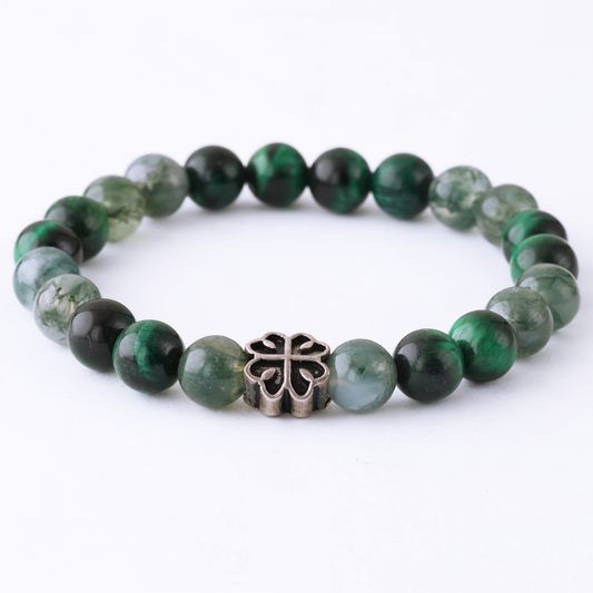 Natural Moss Agate Gemstone & Natural Green Tiger Eye Gemstone with Lucky four-leaf clover 925 Sterling Silver Toy LU196