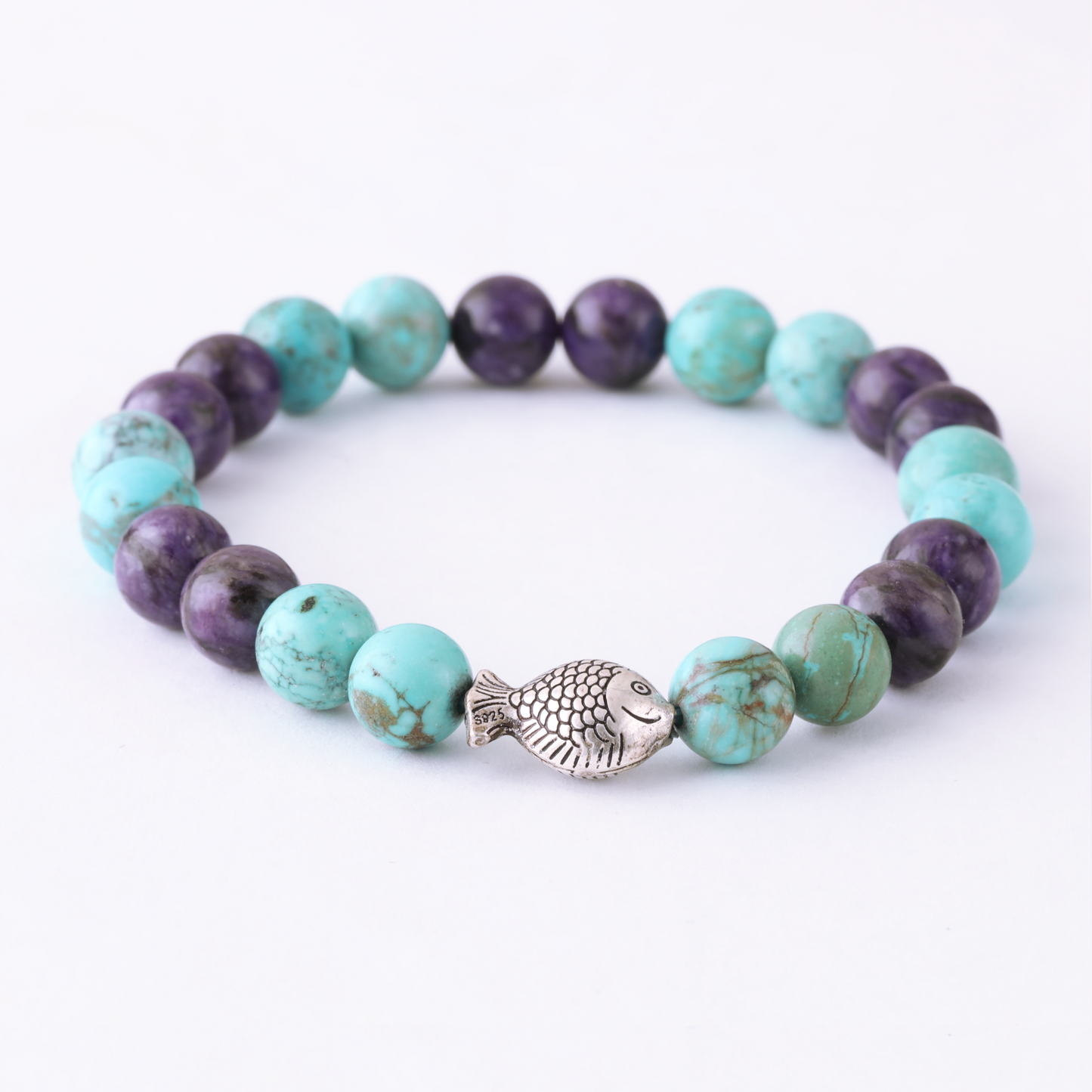 Natural Purple Jasper Gemstone, Natural Turquoise Howlite Gemstone with 925 Sterling Silver Fish Toy LU198