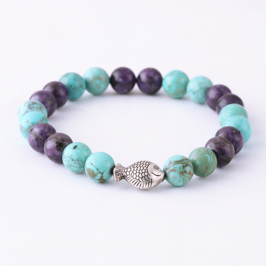 Natural Purple Jasper Gemstone, Natural Turquoise Howlite Gemstone with 925 Sterling Silver Fish Toy LU198