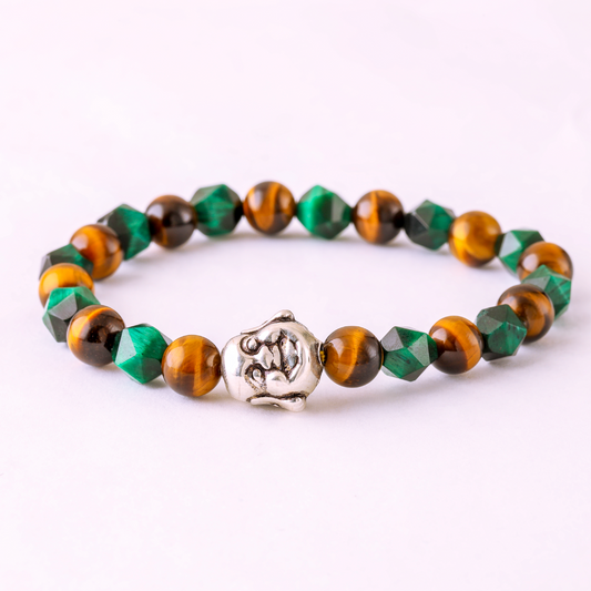 Natural Brown Tiger Eye Gemstone & Natural Cubic Green Tiger Eye Gemstone with Laughing Buddha 925 Sterling Silver Toy LU199