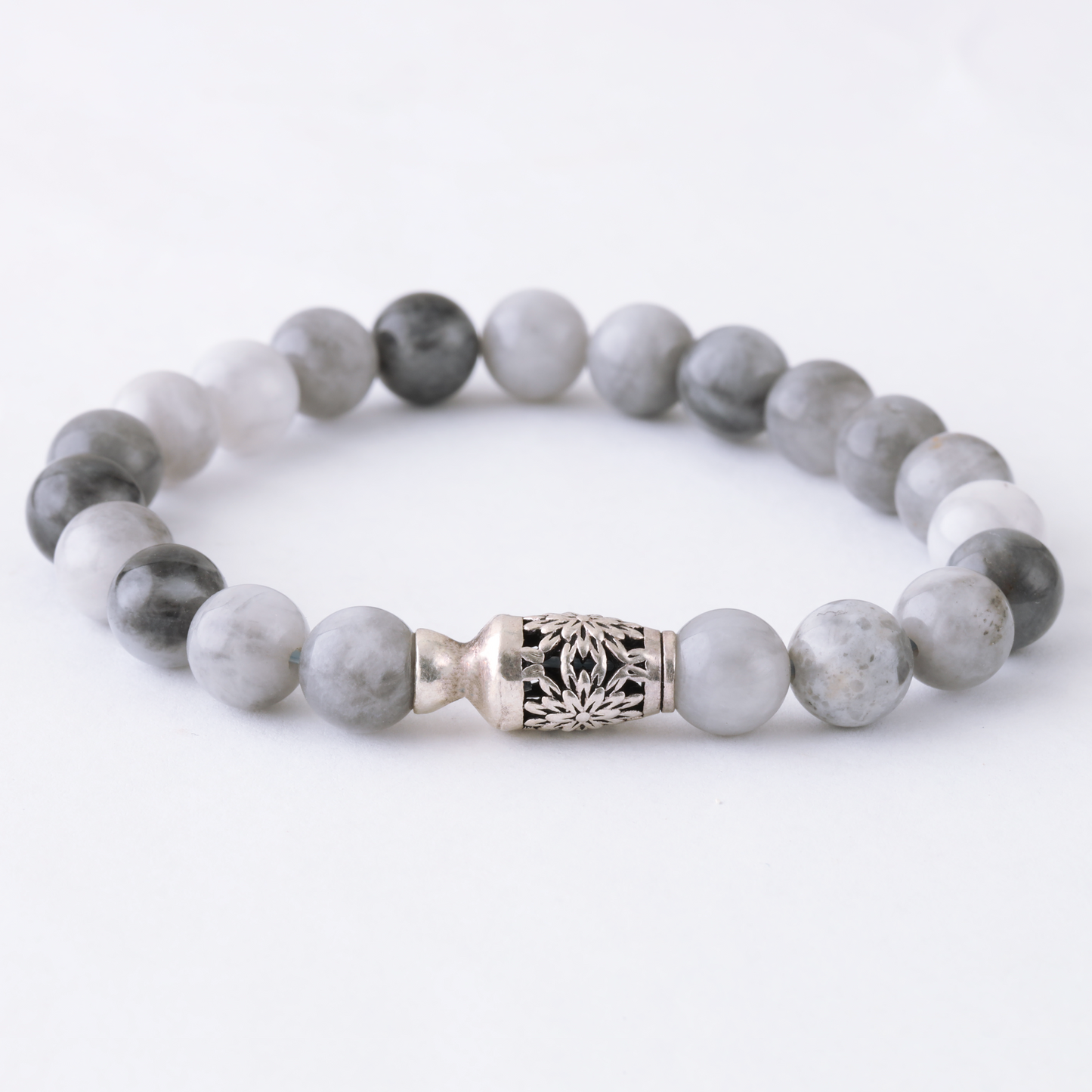 Natural Spherical Eagle Eye Gemstone with Lucky Flower Vase 925 Sterling Silver Toy LU201