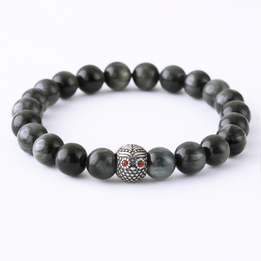 Natural Spherical Black Hawk Eye Gemstone with Red Eye Owl 925 Sterling Silver Toy LU202