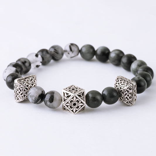 Natural Spherical Black Hawk Eye Gemstone & Natural Spherical Tourmaline Quartz with 3 Different 925 Sterling Silver Toy LU203