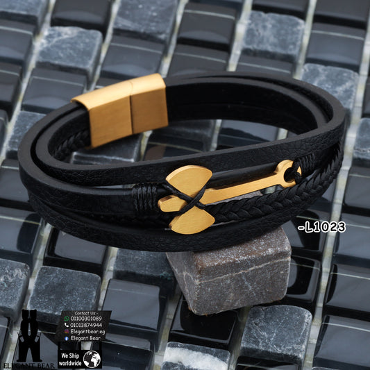 Premium Genuine Leather Bracelet with Gold Anchor Pattern L1023