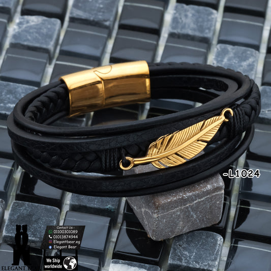 Premium Genuine Leather Bracelet with Gold Feather Pattern L1024