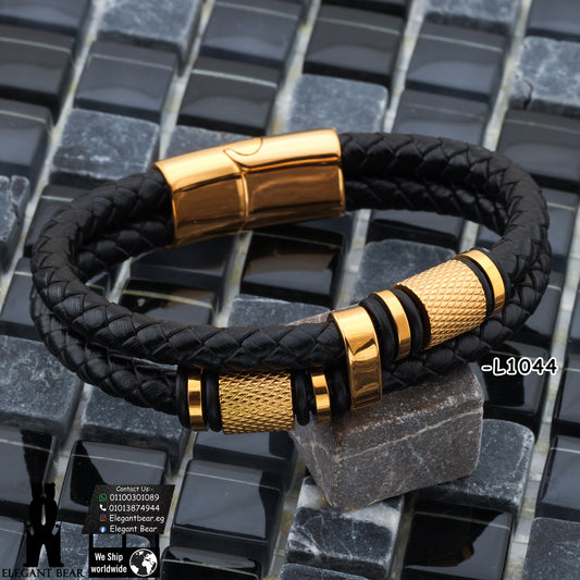 Premium Genuine Leather Bracelet with Textured Gold Elements L1044
