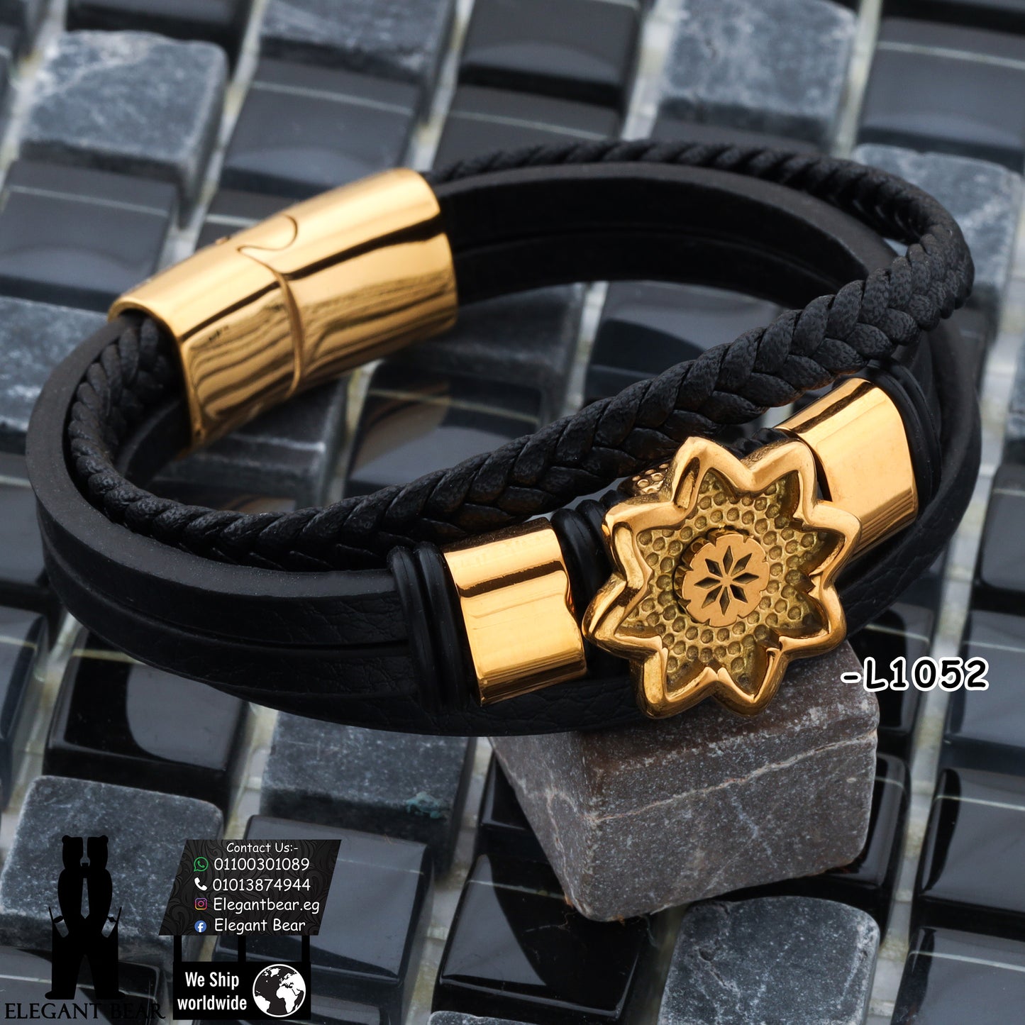 Premium Genuine Leather Bracelet with Gold Star Pattern L1052