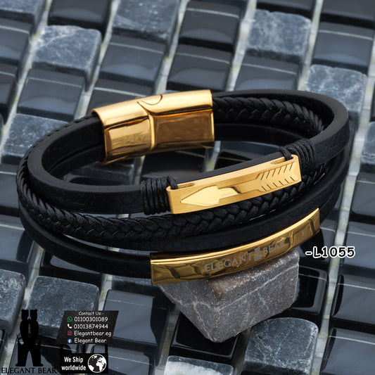 Premium Genuine Leather Bracelet with Gold Arrow & Brand Elements L1055