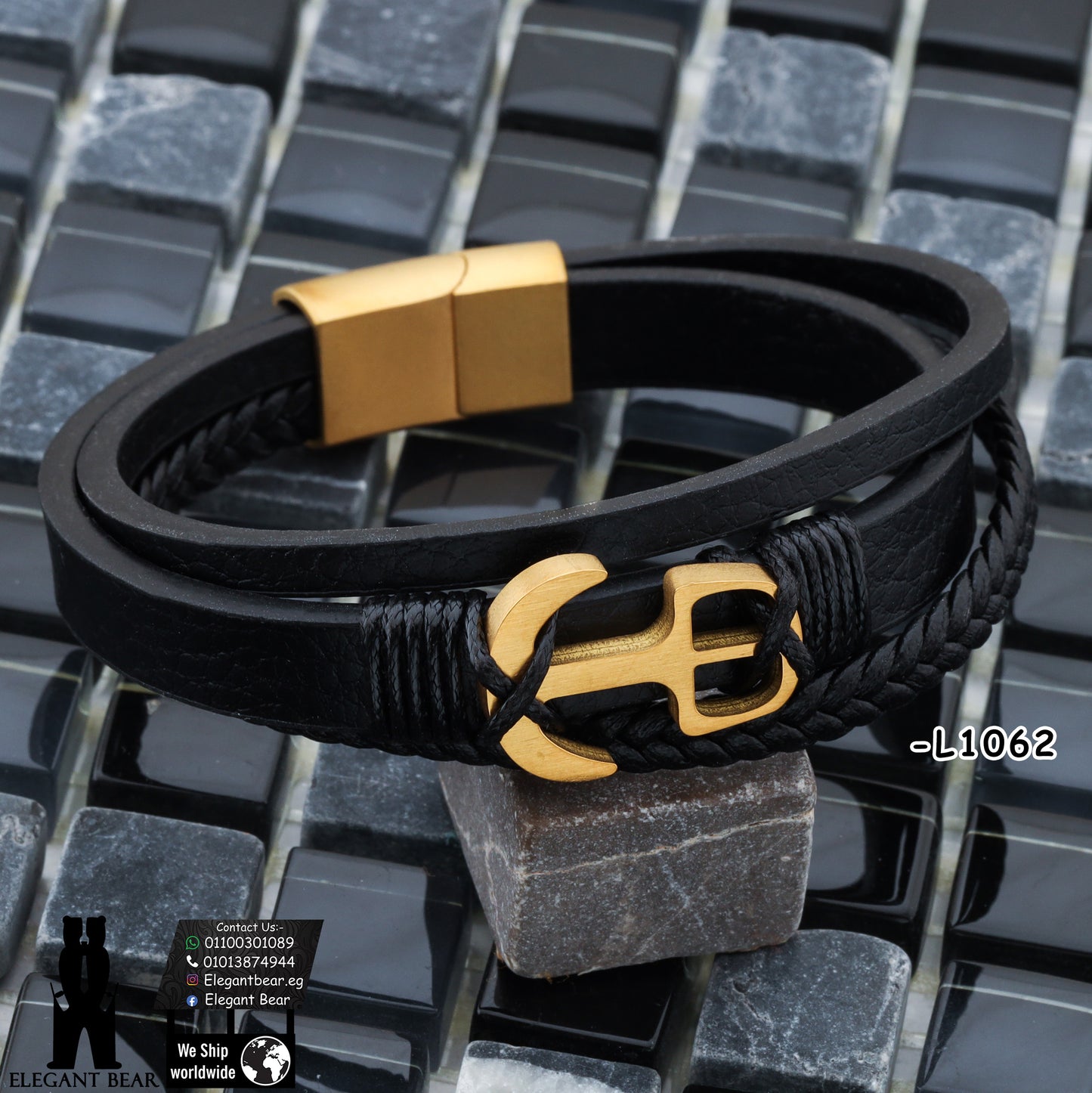 Premium Genuine Leather Bracelet with Gold Anchor Pattern L1062