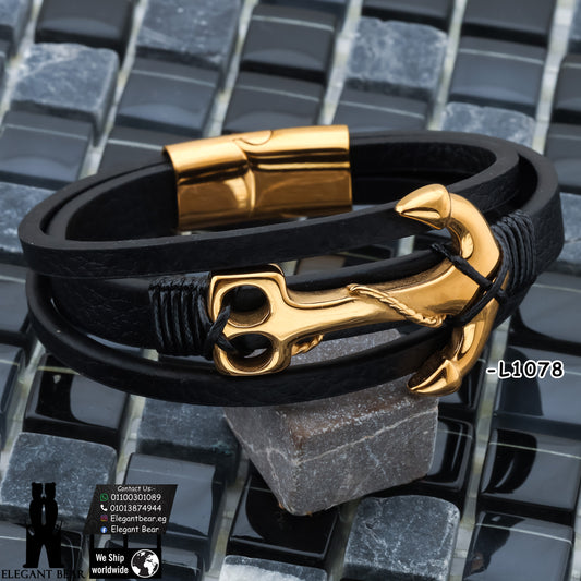 Premium Genuine Leather Bracelet with Gold Anchor Pattern L1078