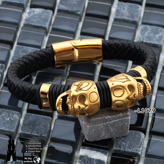 Premium Genuine Leather Bracelet with Gold Skull Pattern L1079