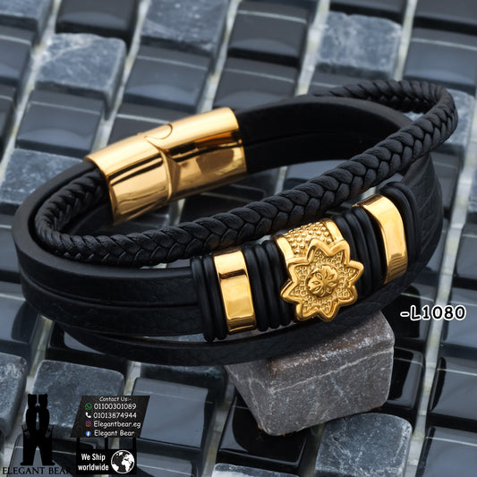 Premium Genuine Leather Bracelet with Gold Star Pattern L1080