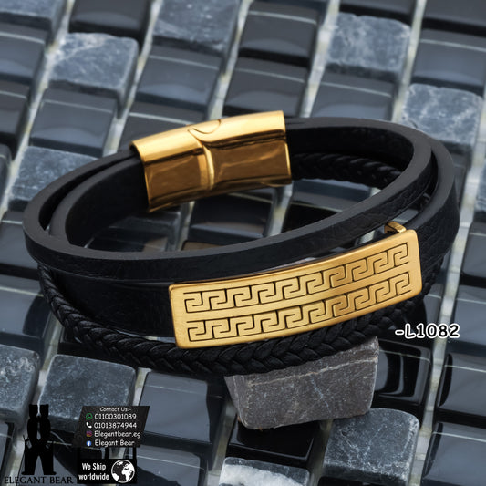 Premium Genuine Leather Bracelet with Gold Greek Key Pattern L1082