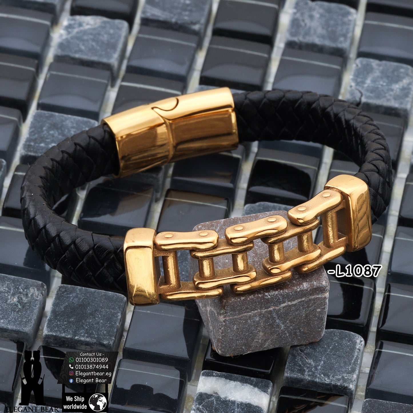 Premium Genuine Leather Bracelet with Gold Chain Pattern L1087