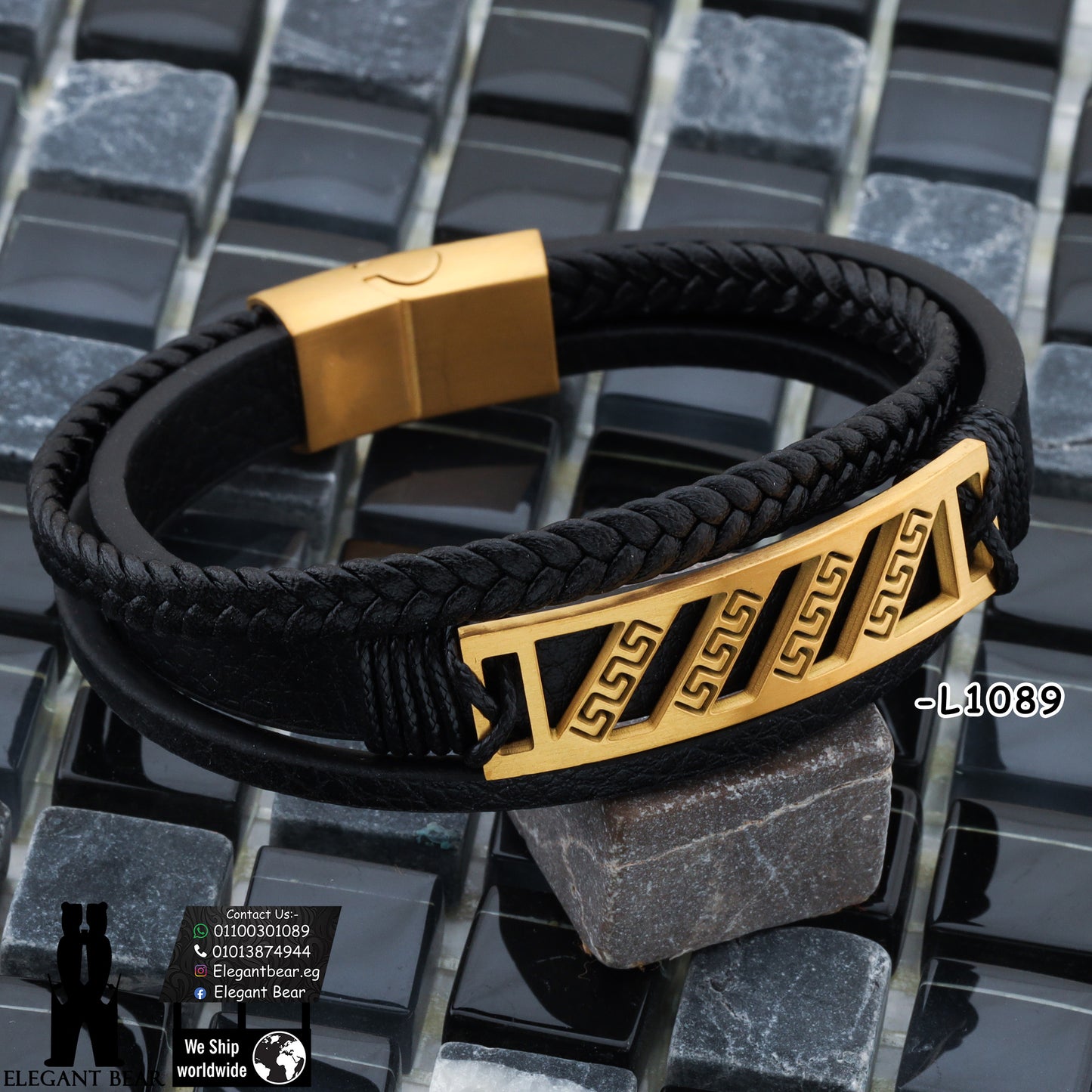 Premium Genuine Leather & Stainless Steel Bracelet with Greek Key Pattern L1089