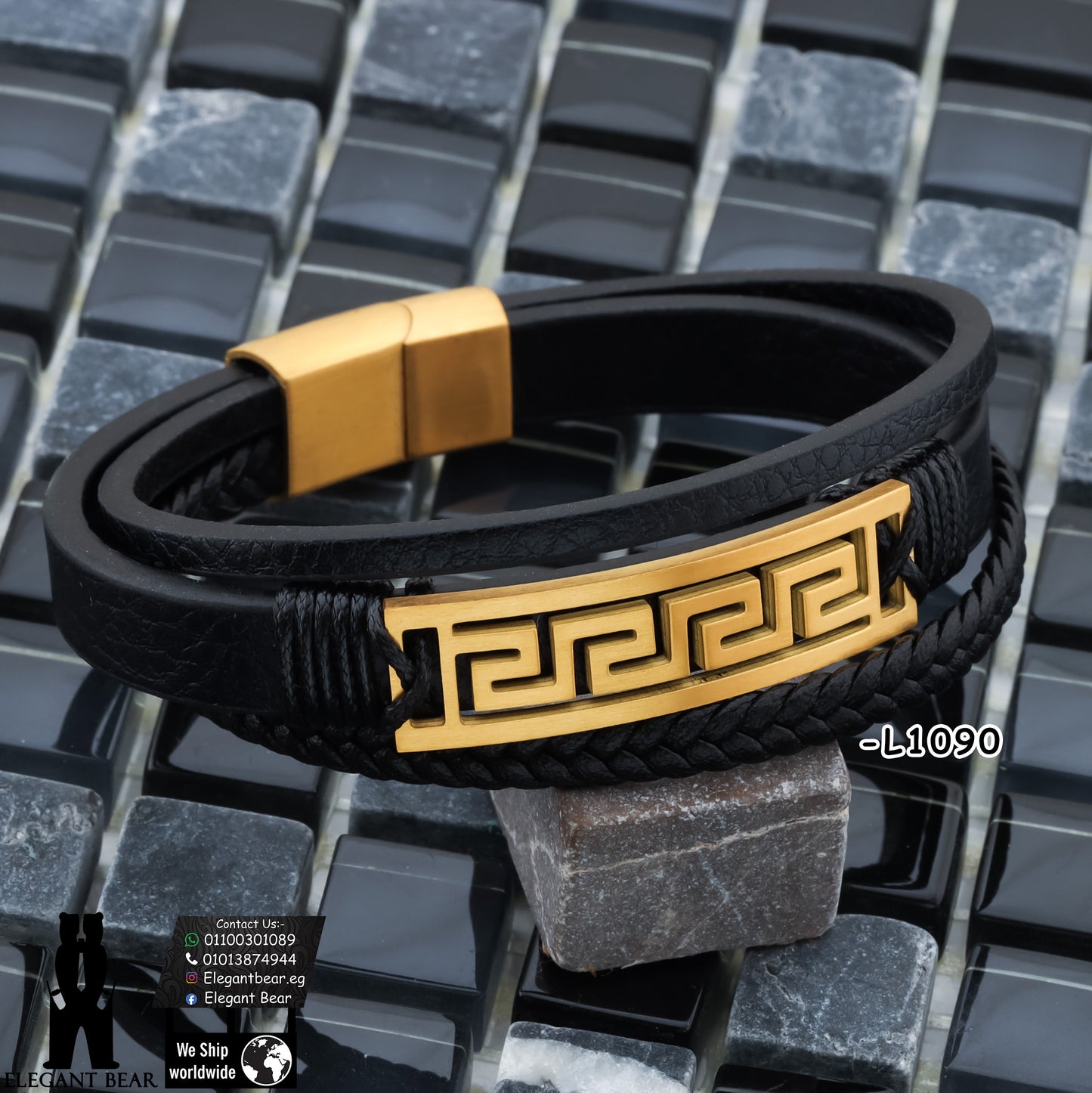 Premium Genuine Leather Bracelet with Greek Key Pattern L1090
