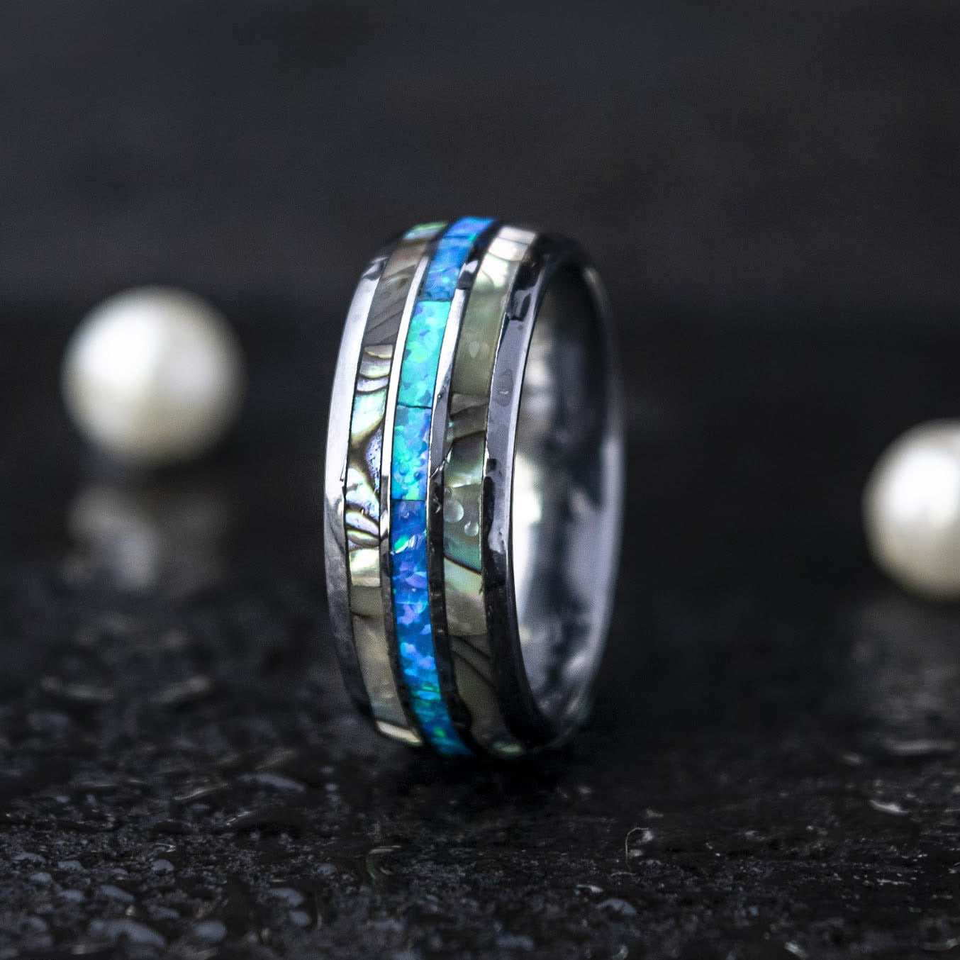 A97 Tungsten Carbide Ring with Abalone Shell and Opal Inlay