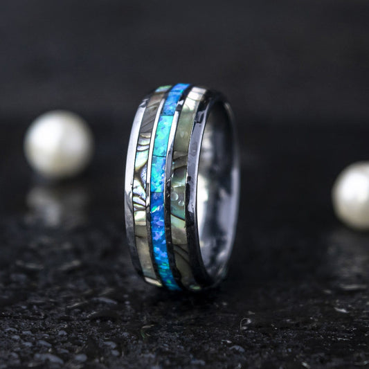 A97 Tungsten Carbide Ring with Abalone Shell and Opal Inlay