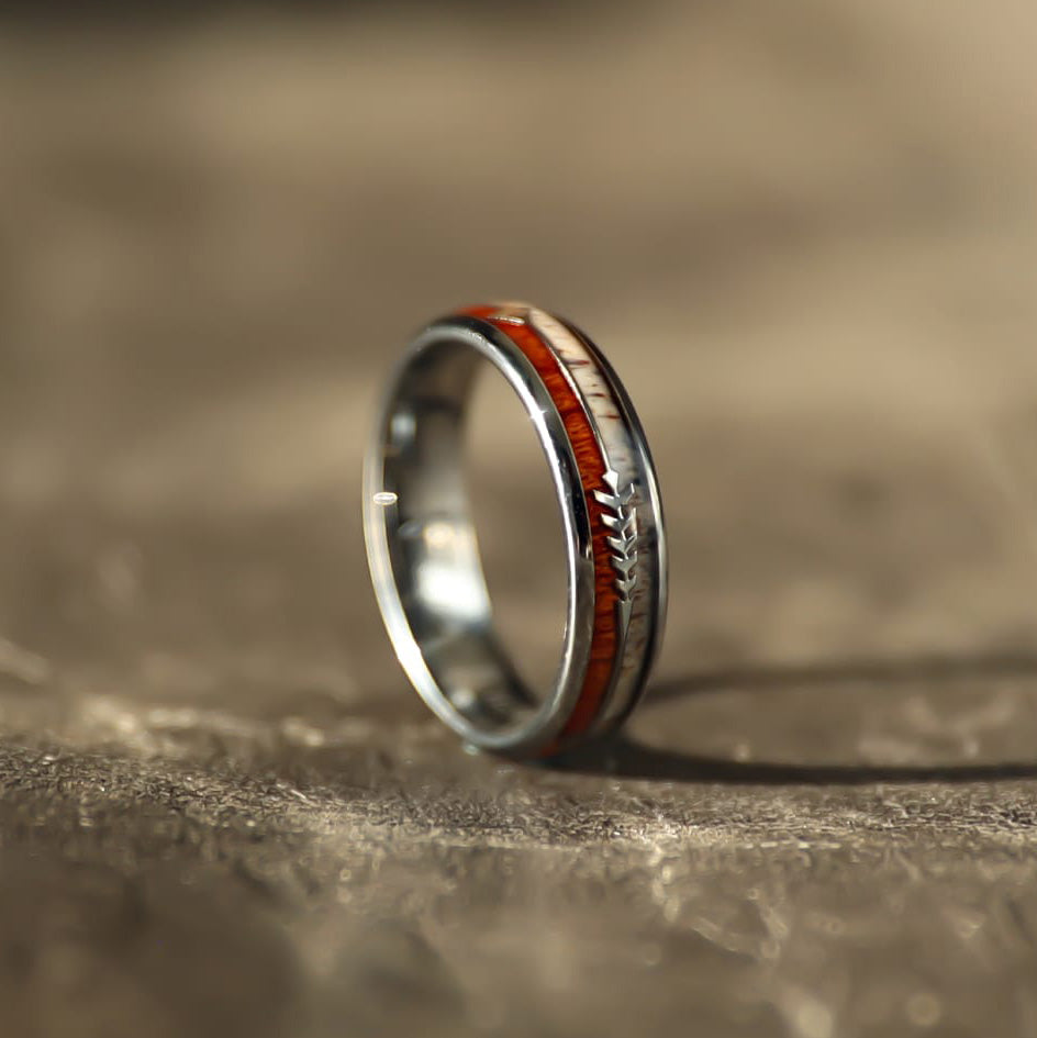 Tungsten Ring with Natural Koa Wood and Deer Antler Inlay - A115