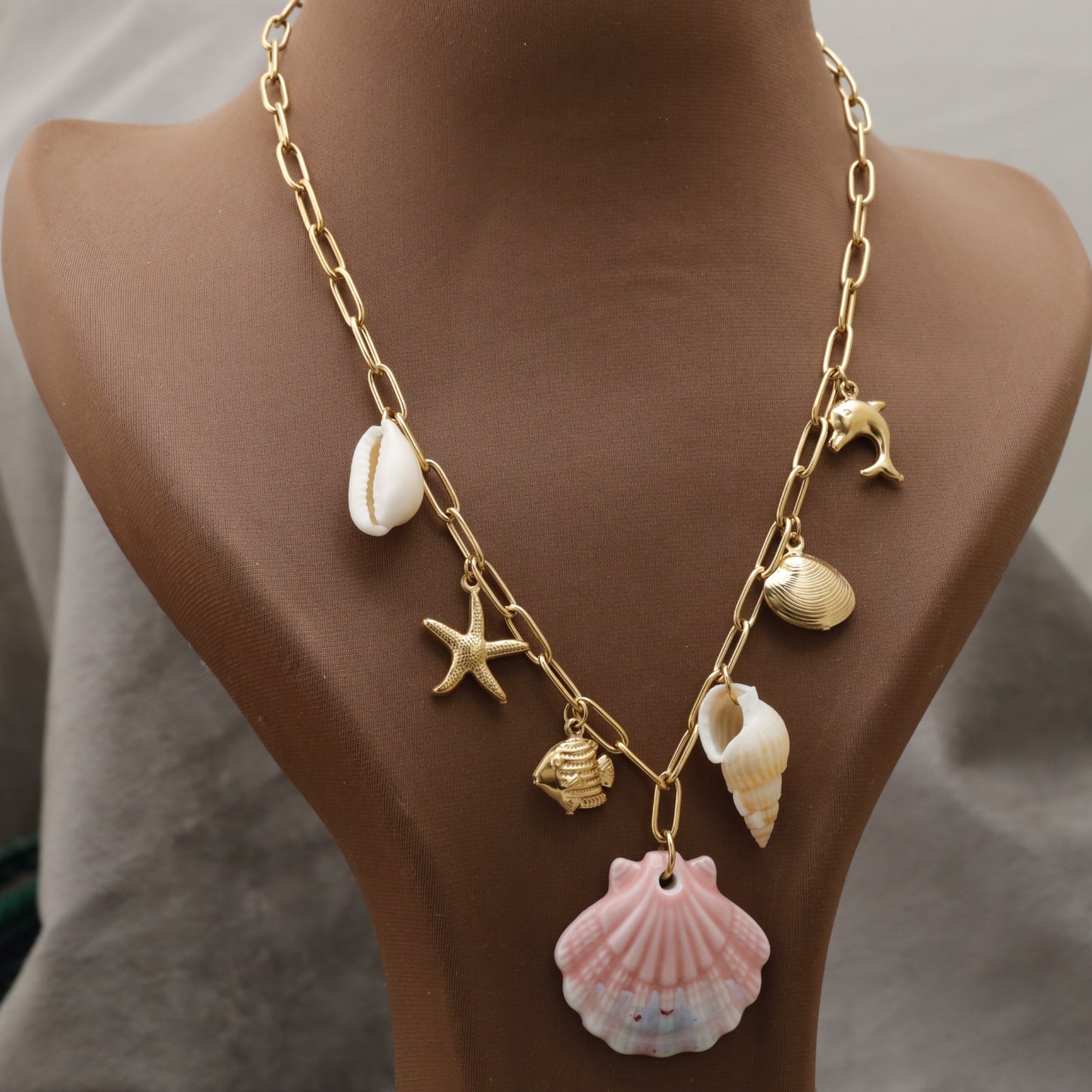 Gold Ocean Charm Necklace with Shell Starfish Dolphin & Pink Scallop K2