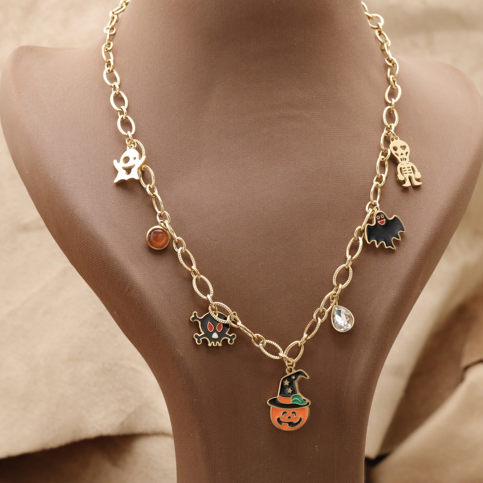 Gold Halloween Charm Necklace with Pumpkin Ghost Skull Bat & Crystal K3