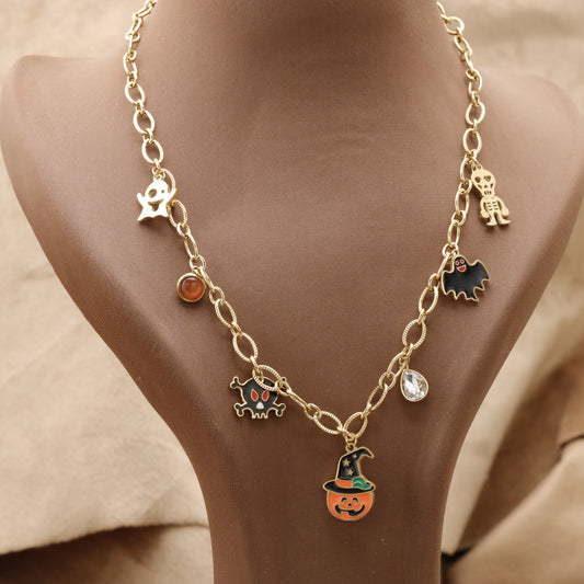 Gold Halloween Charm Necklace with Pumpkin Ghost Skull Bat & Crystal K3